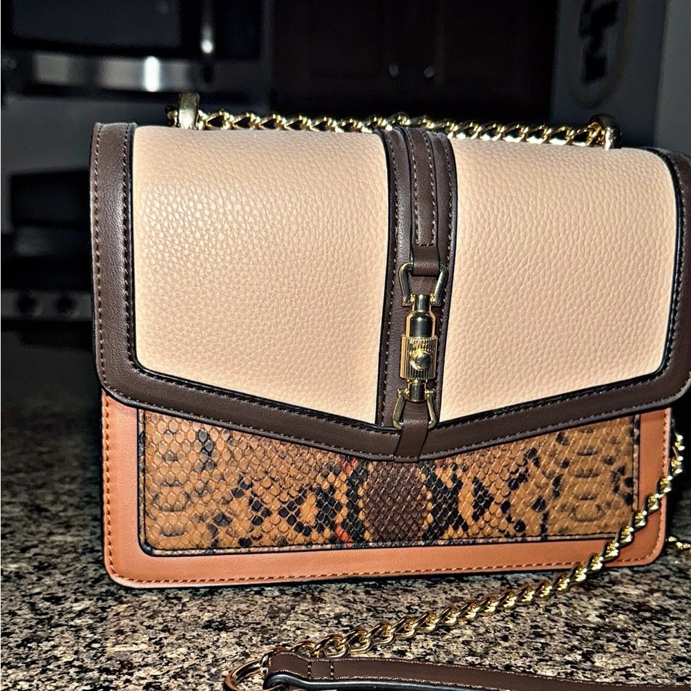 Beige and Brown Crossbody Handbag